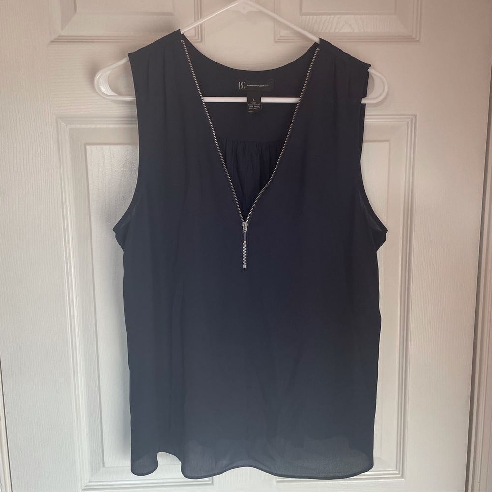 Dark Navy Sleeveless Blouse with Zipper Neck Detail